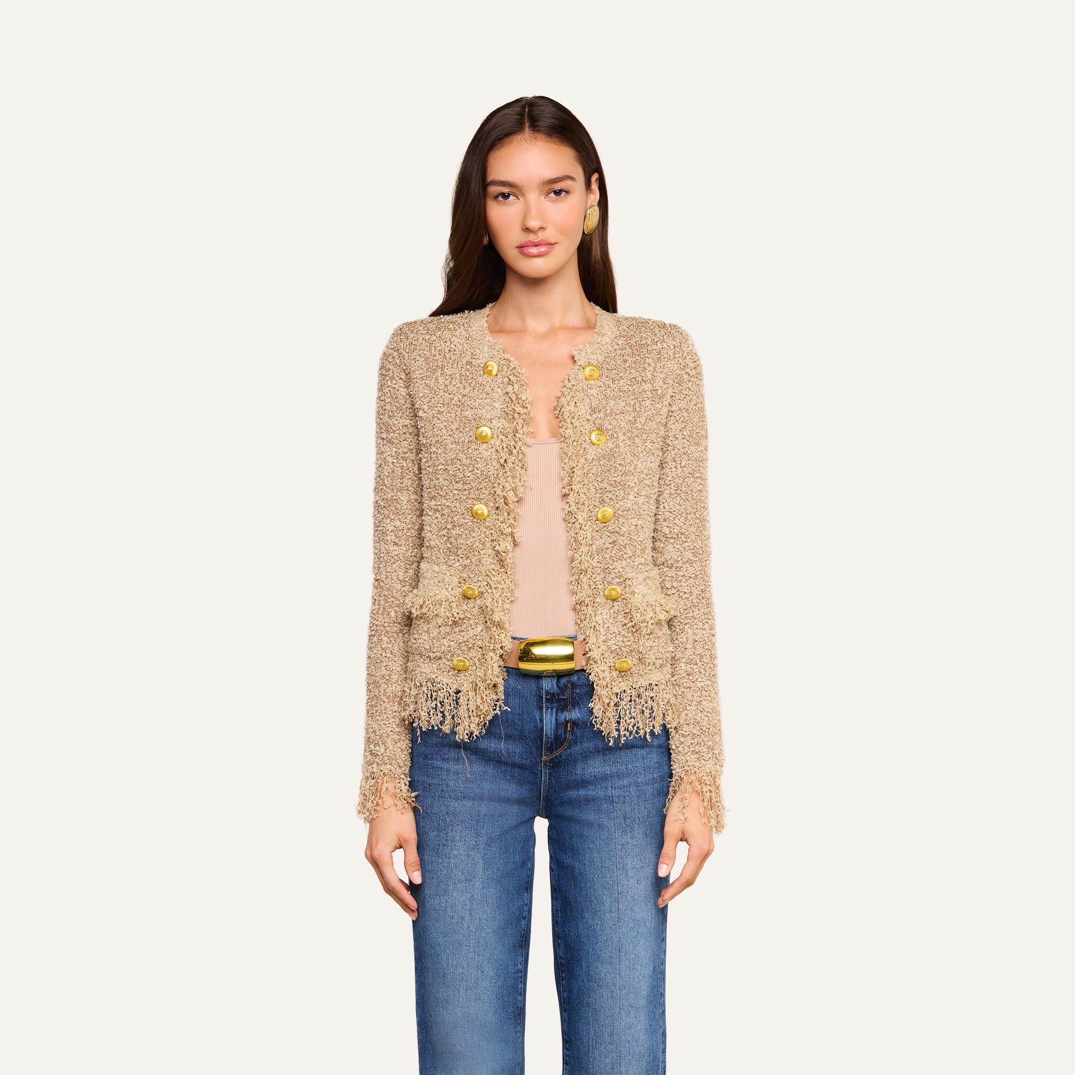 トップス Galliano Gold lame frill cardigan Mireille Fringe Cardigan in Natural | L'AGENCE