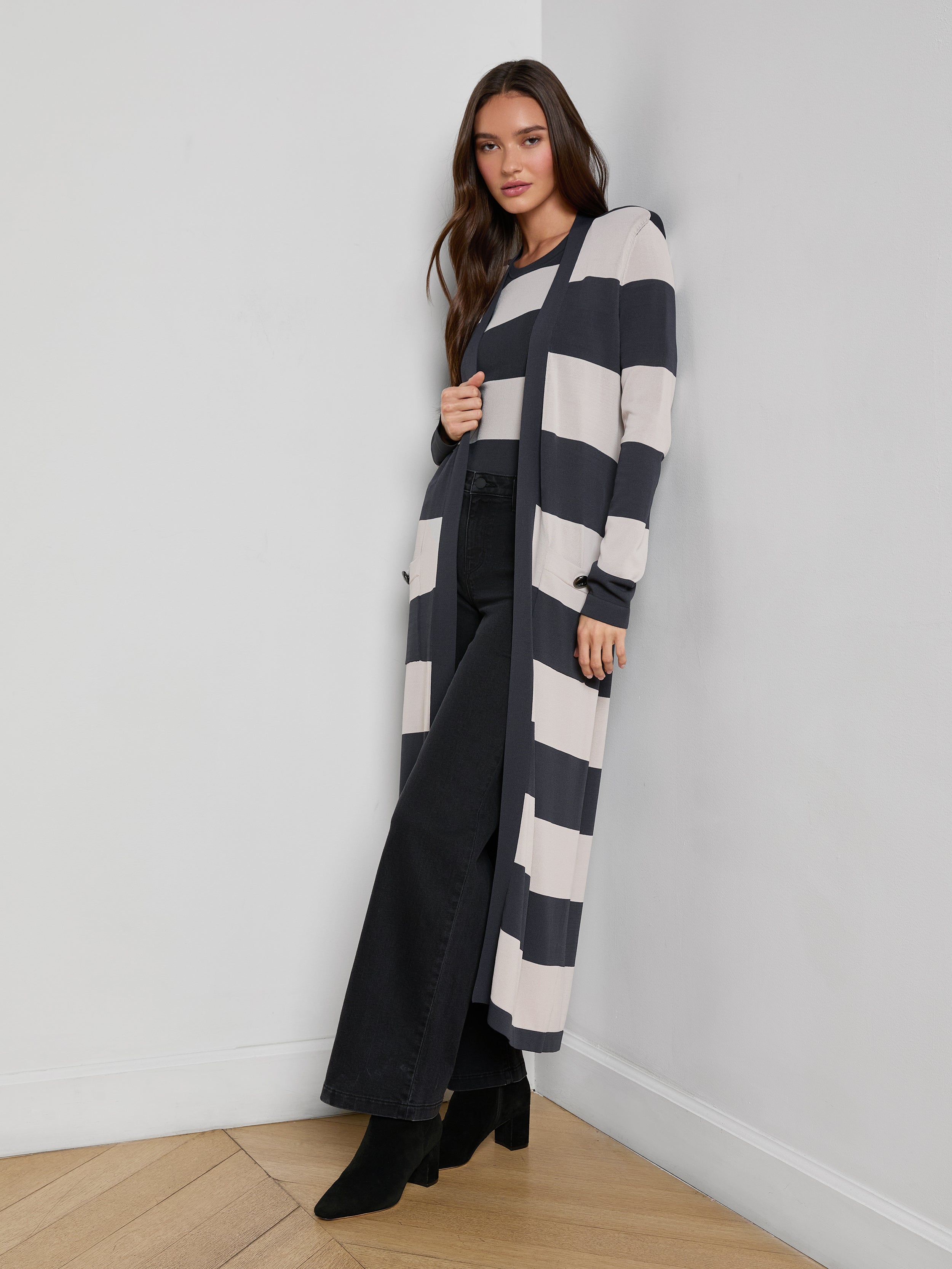Berlin Duster Cardigan in Dark Slate/Light Grey Stripe | L'AGENCE