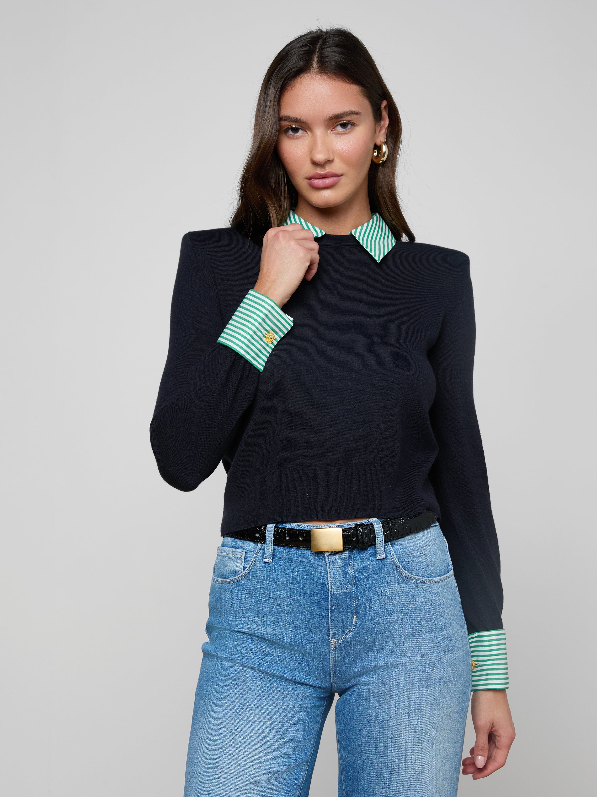 April Poplin Collar Pullover in Dark Navy/Green White Stripe | L