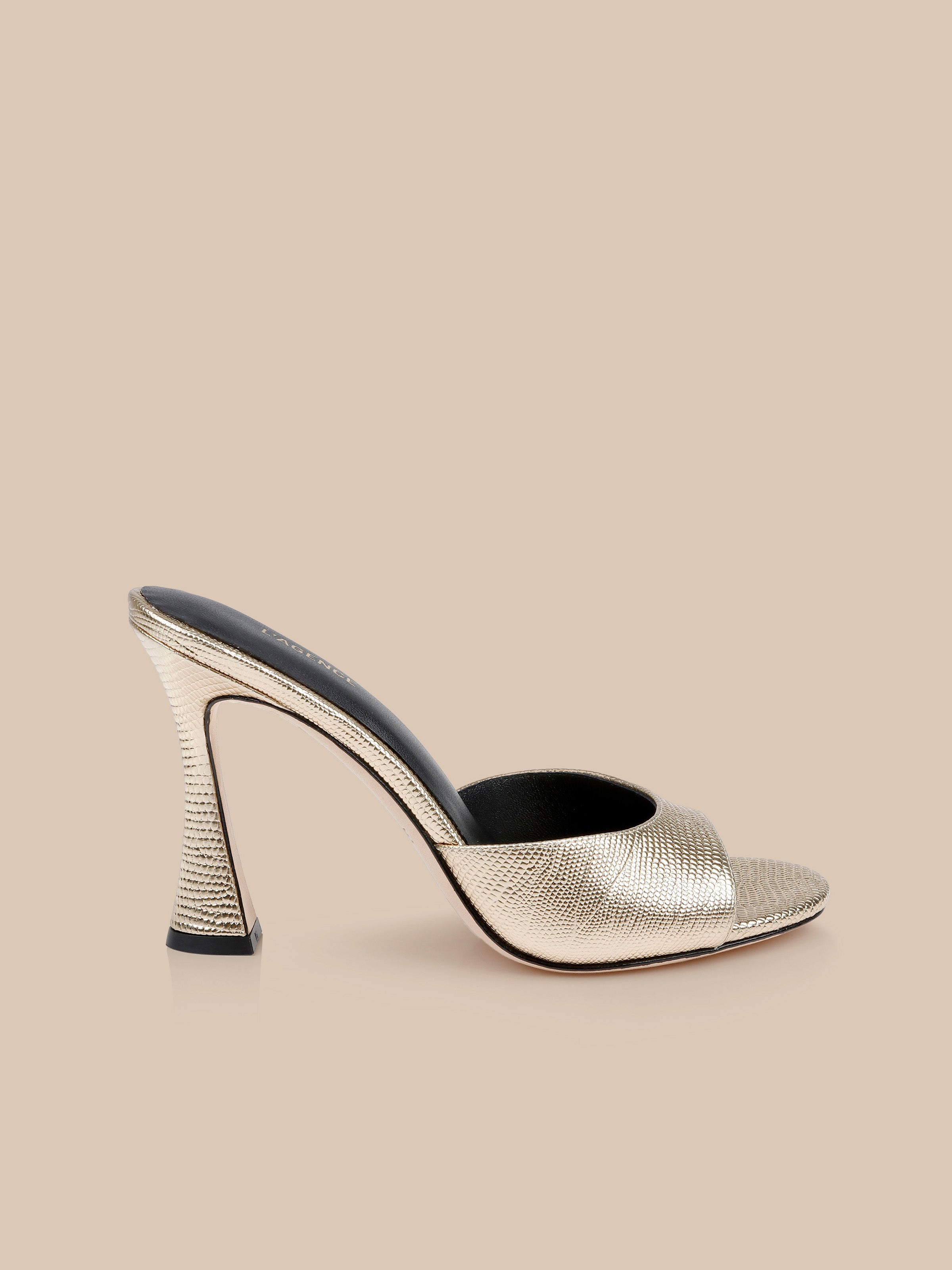 Avery Leather Open-Toe Mule in Gold Lizard Leather | L'AGENCE