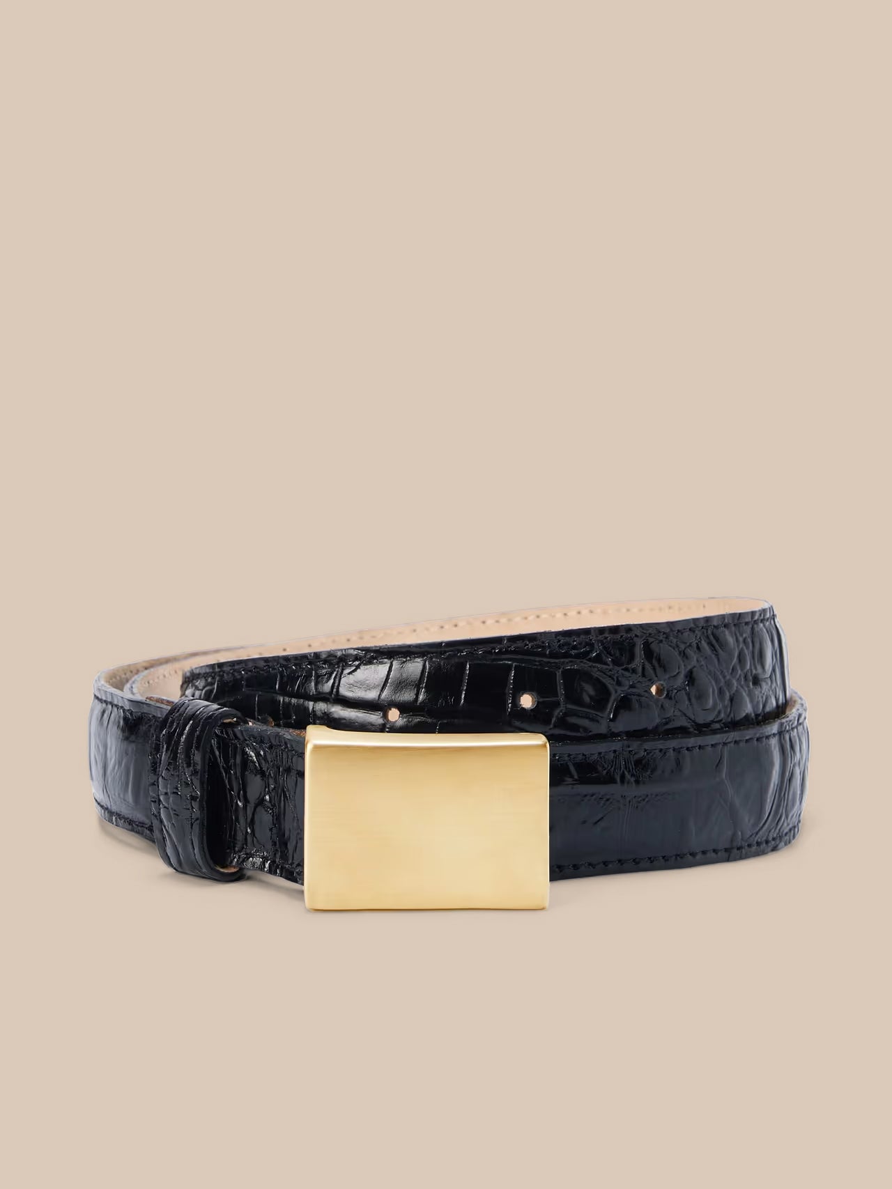 Amis Belt in Black Croc Embossed/Gold | L'AGENCE