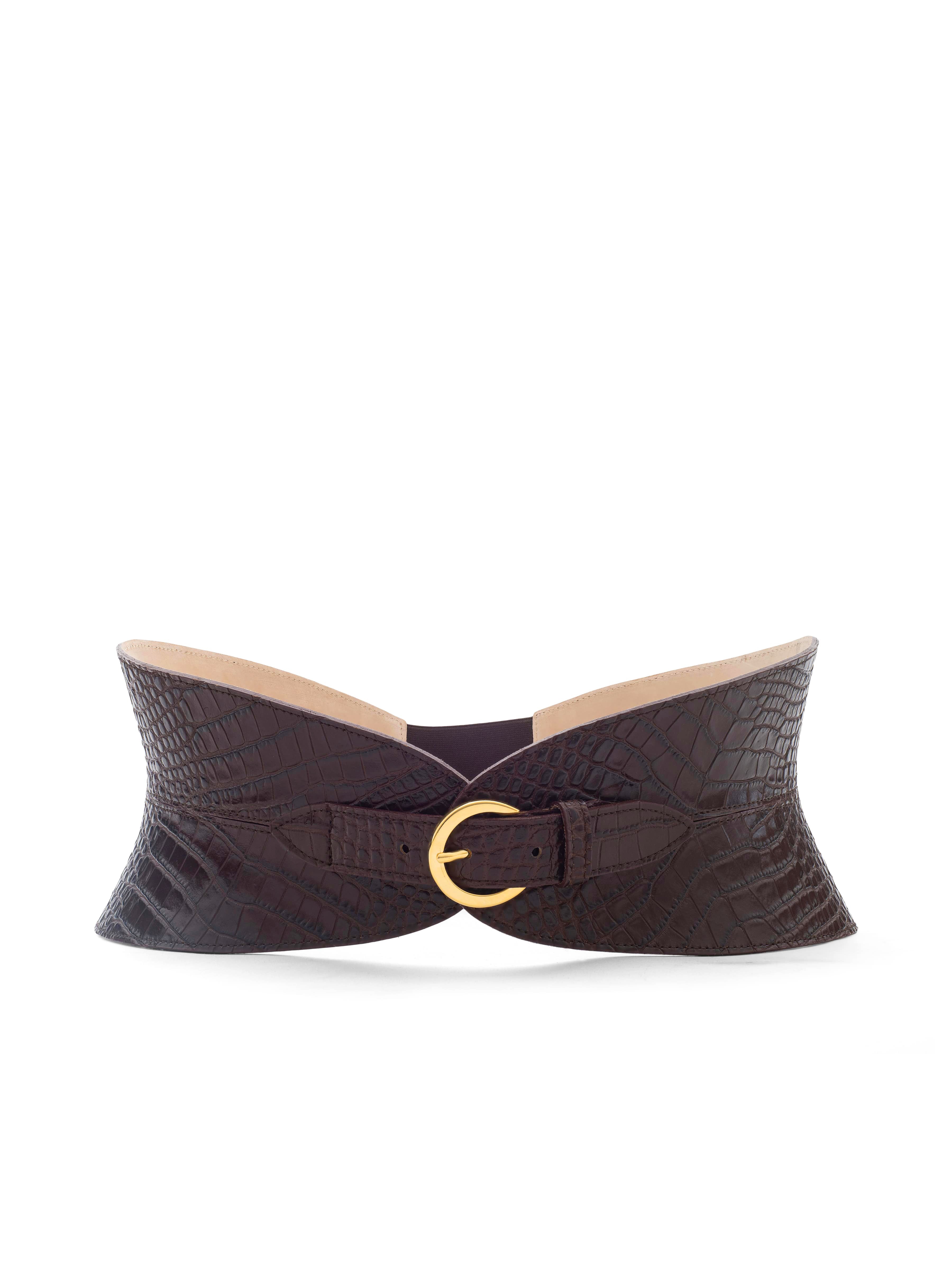 Alexandra Croc-Embossed Corset Belt in Chocolate Croc Embossed | L