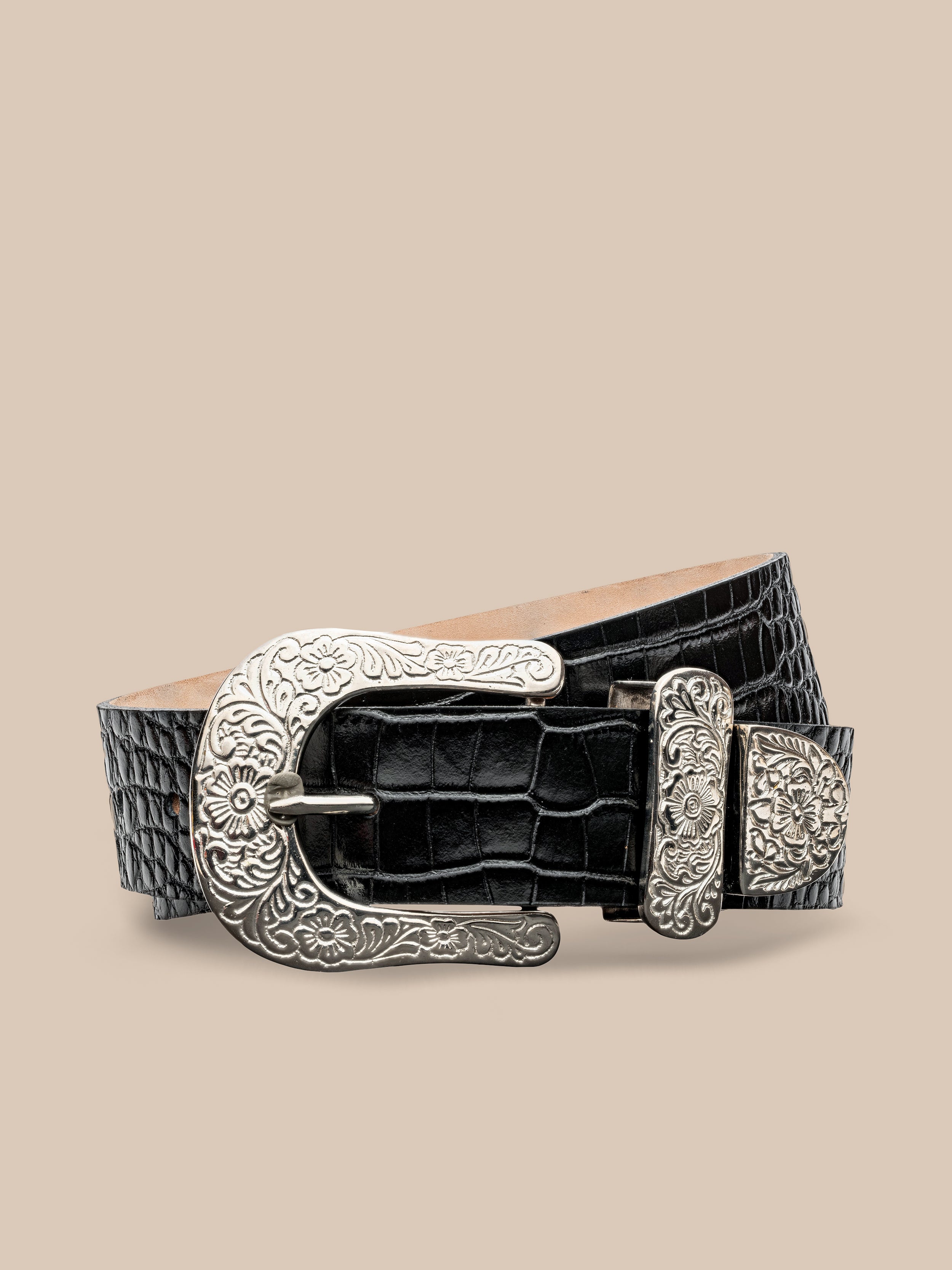 Otera Leather Belt in Black Croc Embossed | L'AGENCE