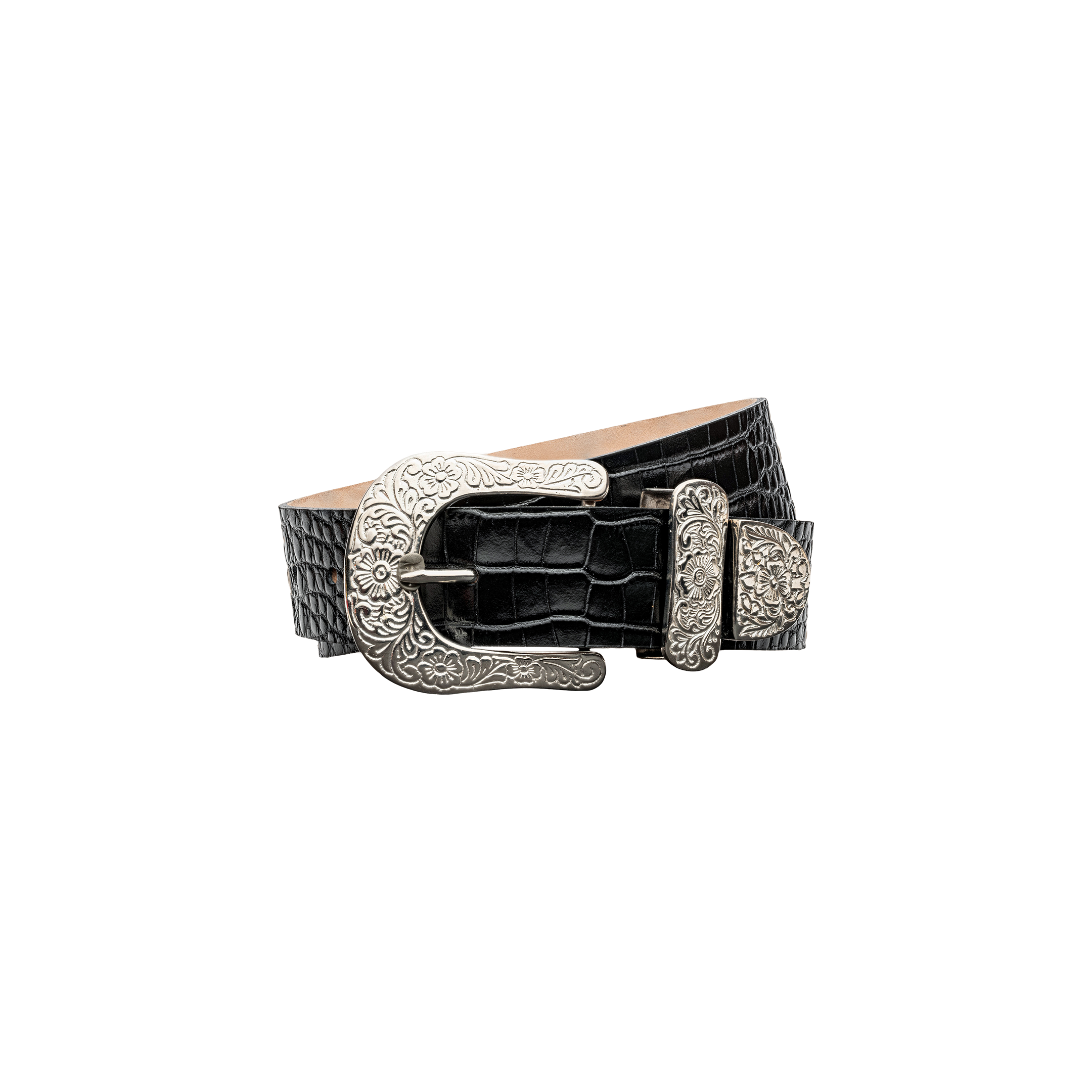 Otera Leather Belt in Black Croc Embossed | L'AGENCE