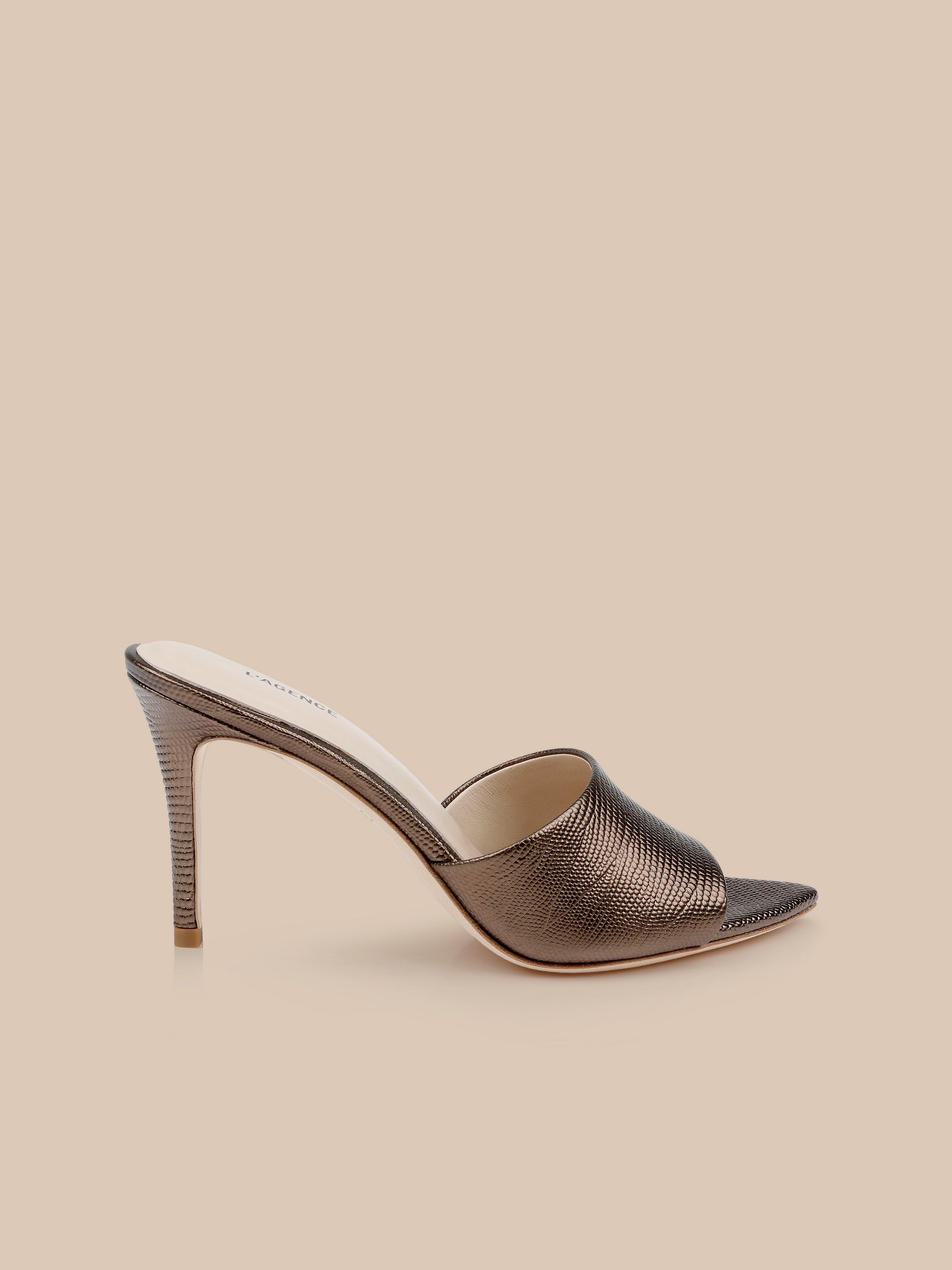 Lolita Leather Open-Toe Mule in Bronze Lizard | L'AGENCE