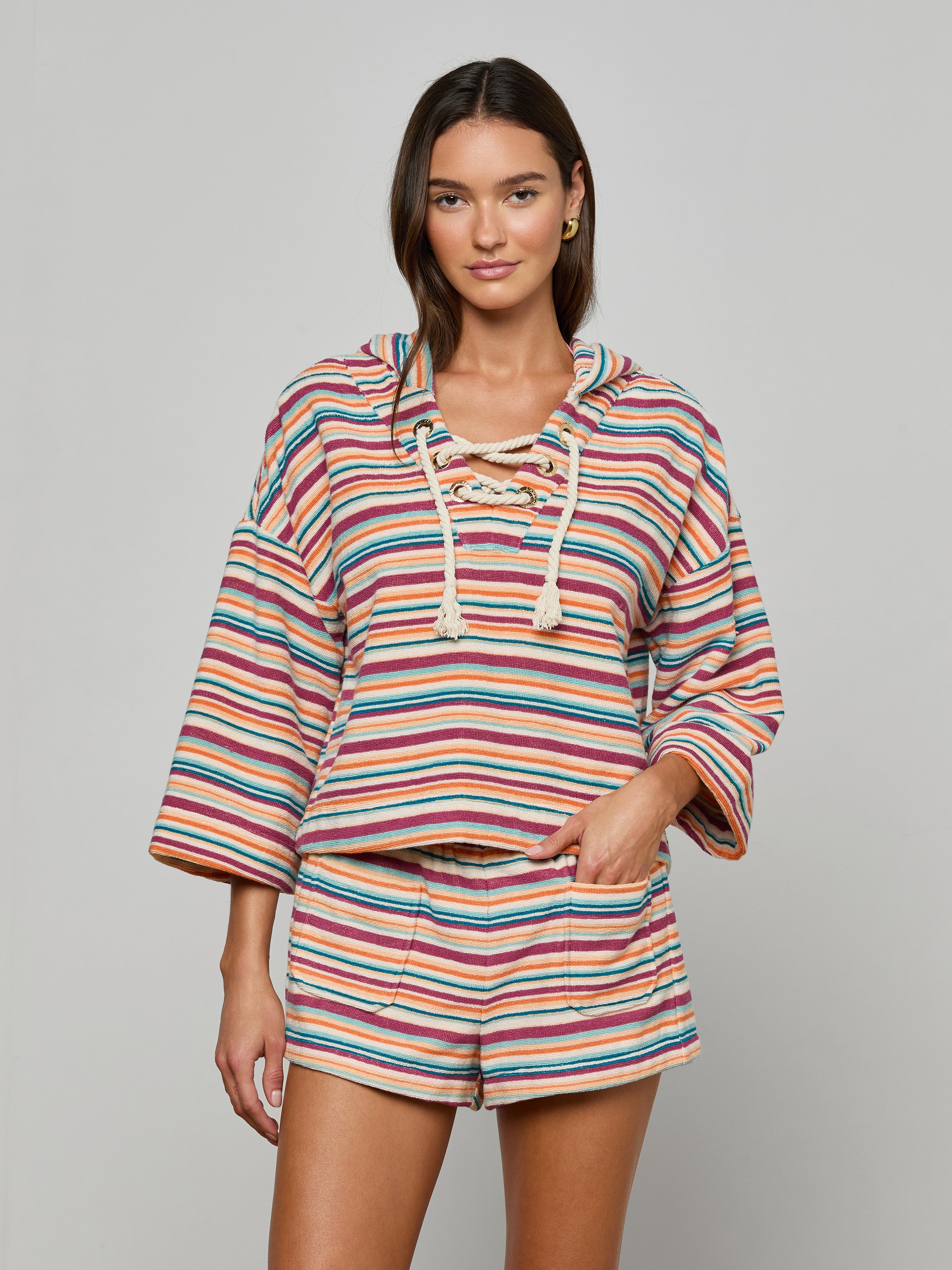 Lee Cover-Up Poncho in Multi Watercolor Stripe | L'AGENCE