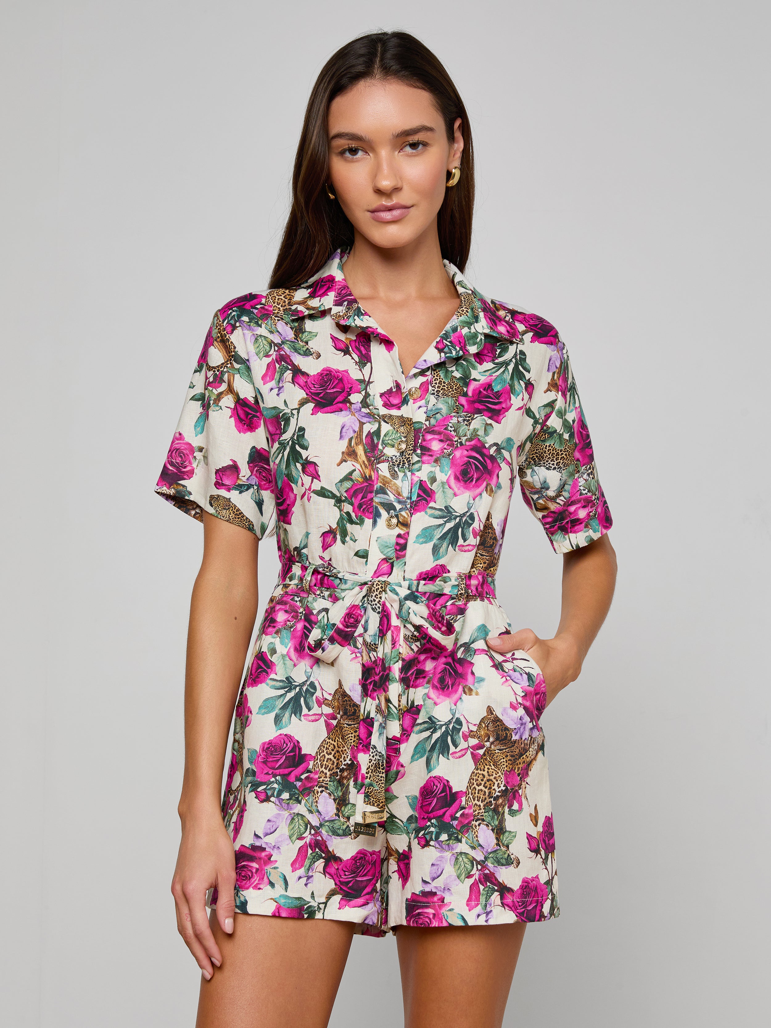 Hestia Cover-Up Romper in Ivory/Rose Leopard Jungle | L'AGENCE