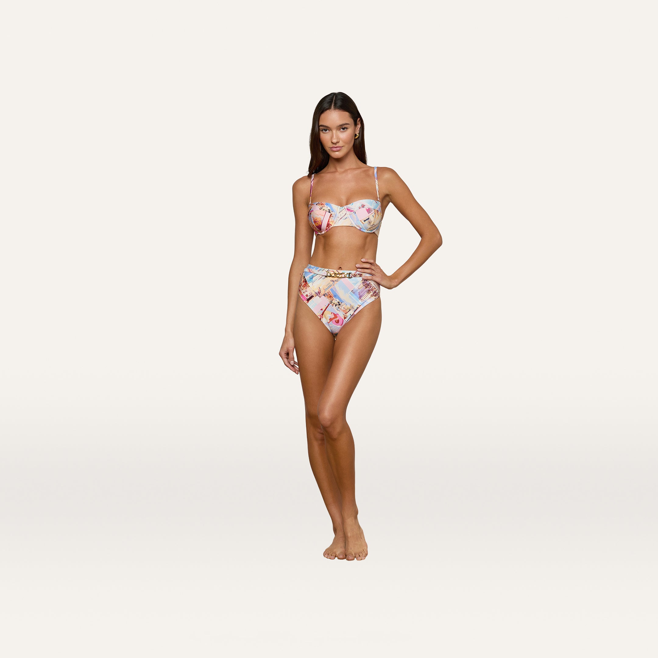 Vanessa High-Waisted Bikini Bottom in Light Pink Multi Postcard