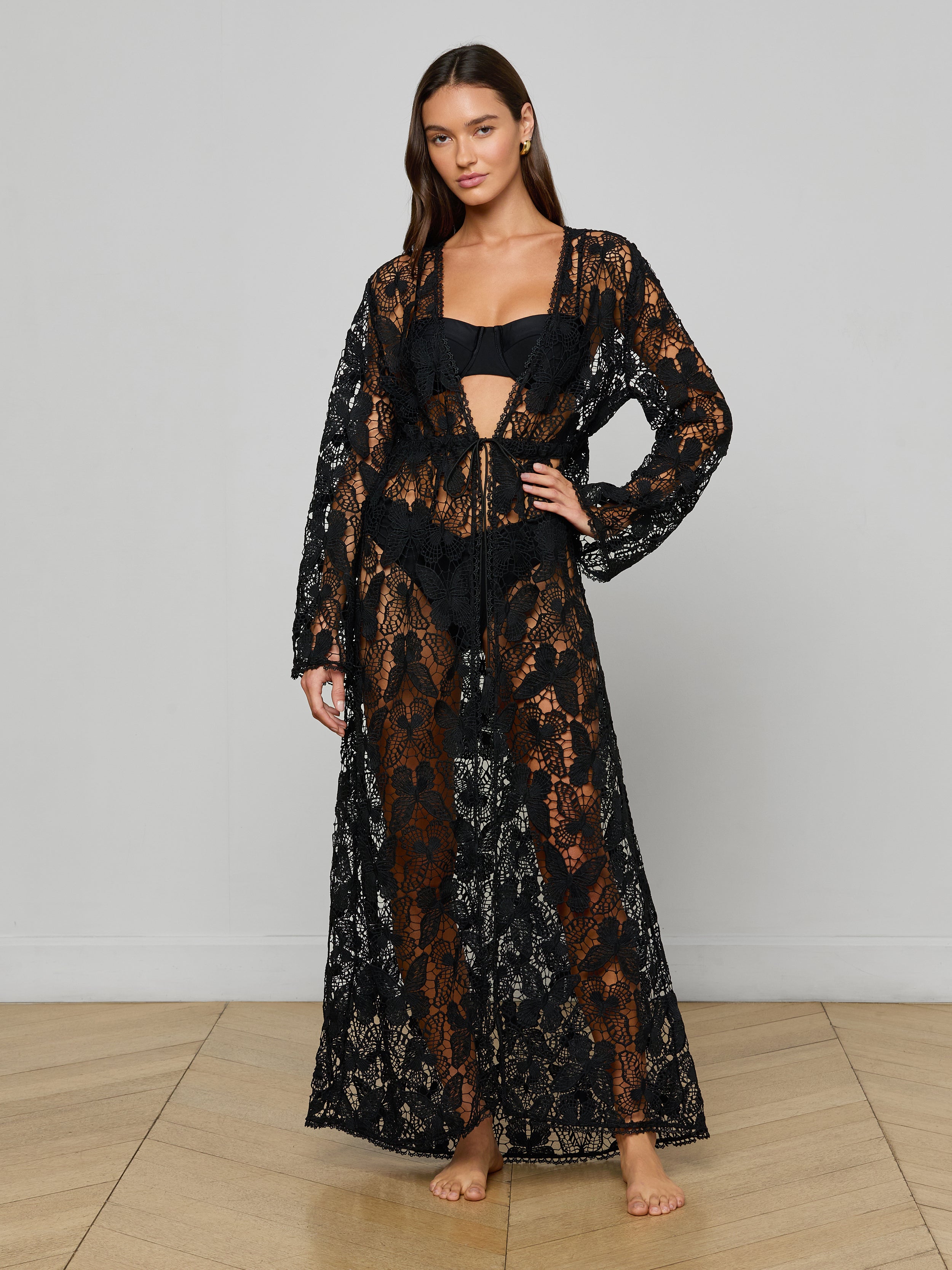 Janus Cover-Up Robe in Black Butterfly Crochet