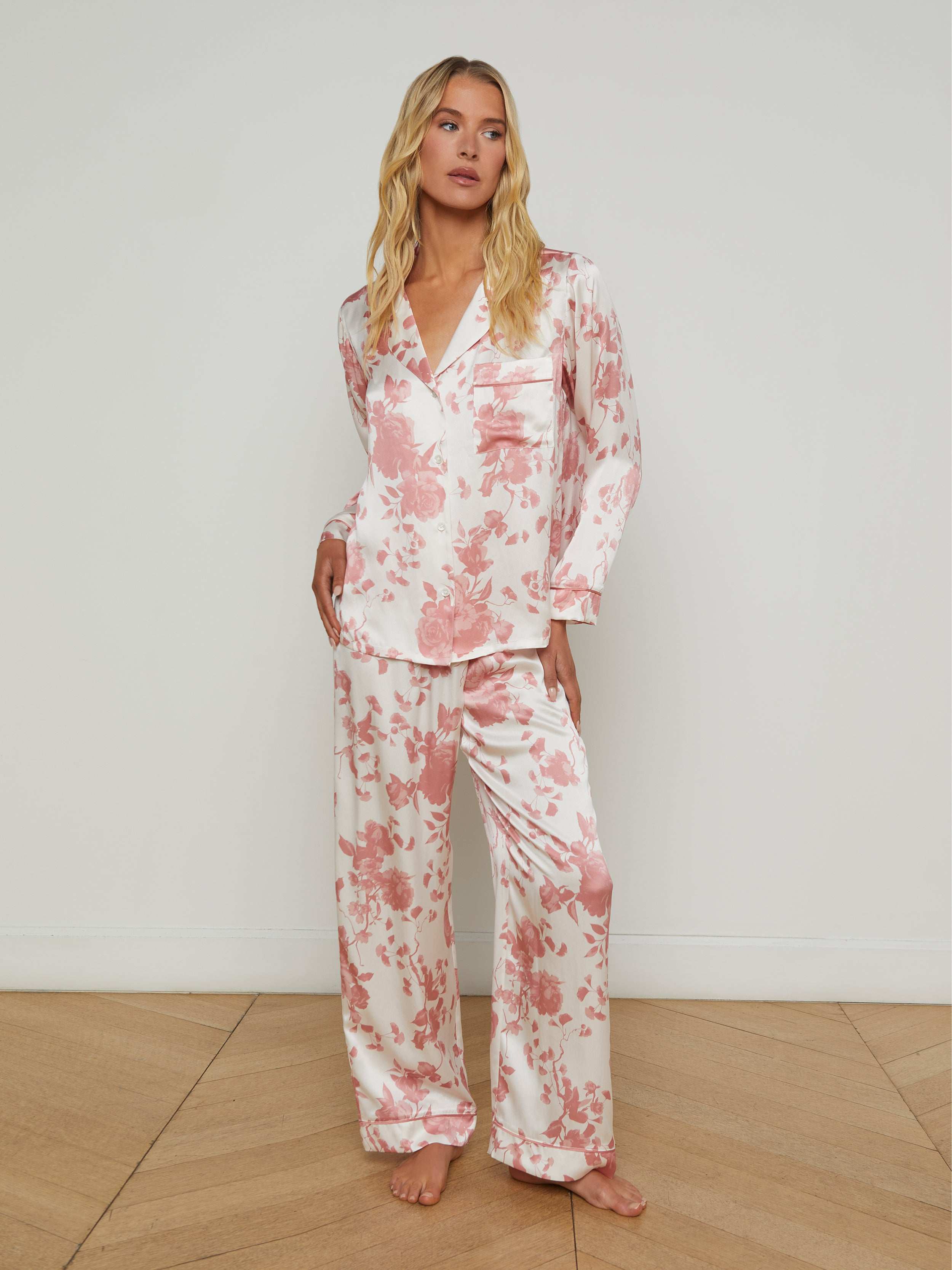 Inez Silk Long Pajama Set in Ikebana Pearl/Dusty Rose L'AGENCE