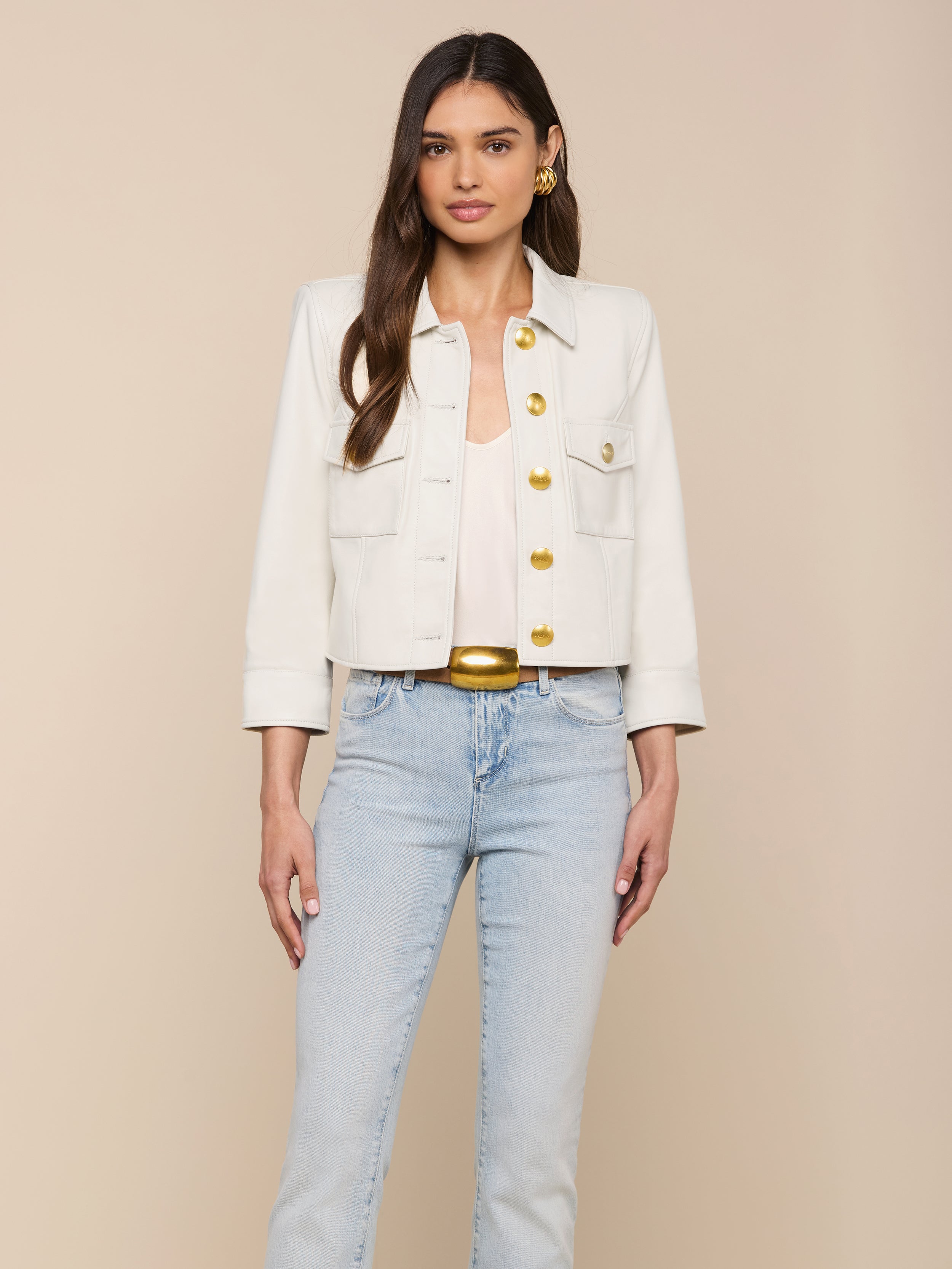 タグ付きMELT THE LADY arm slit cropped jackt Kumi Cropped Leather Jacket in Ivory | L'AGENCE