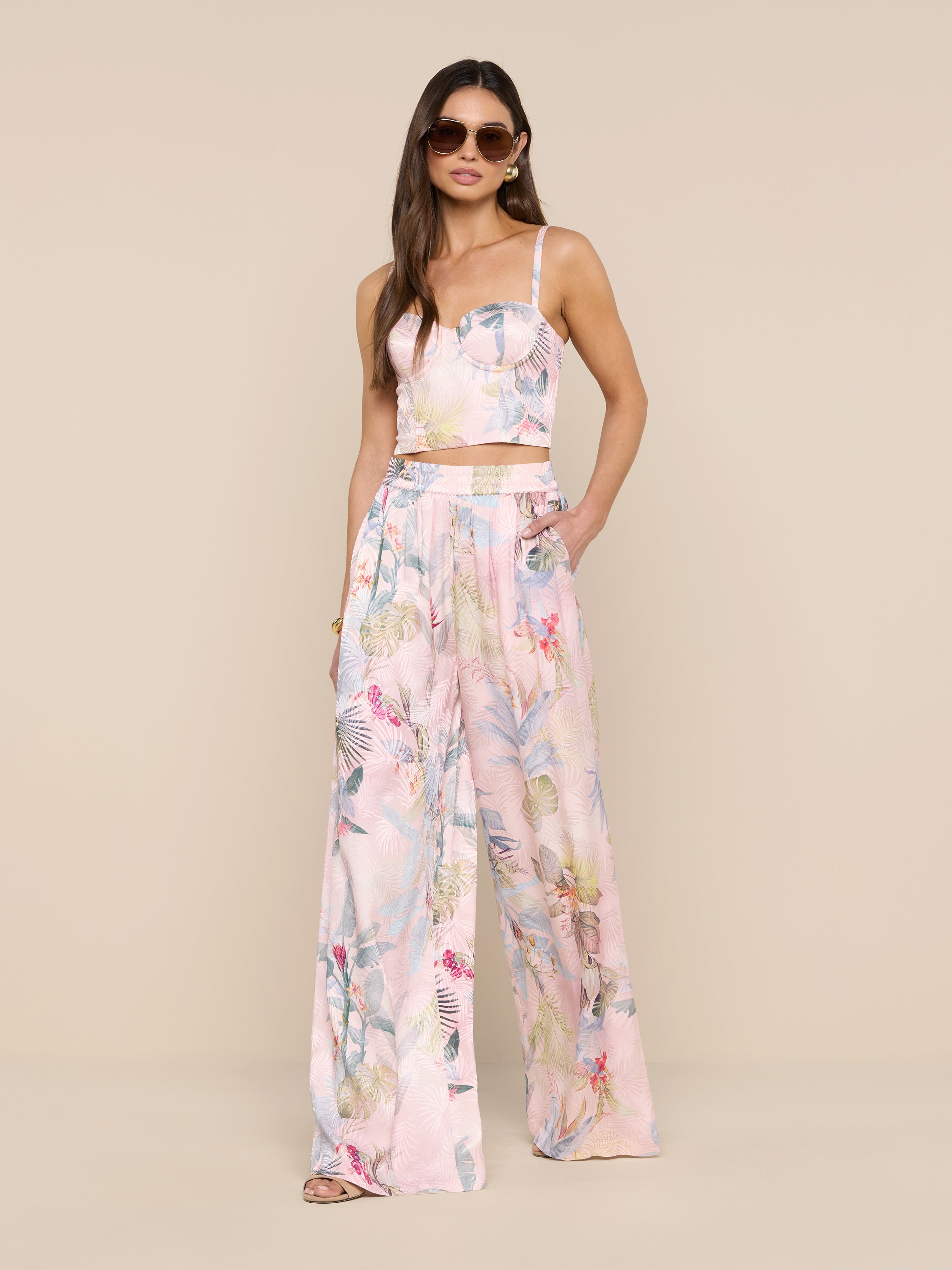 Lillian Satin Wide-Leg Pant in Light Pink Multi Colorful Palm | L