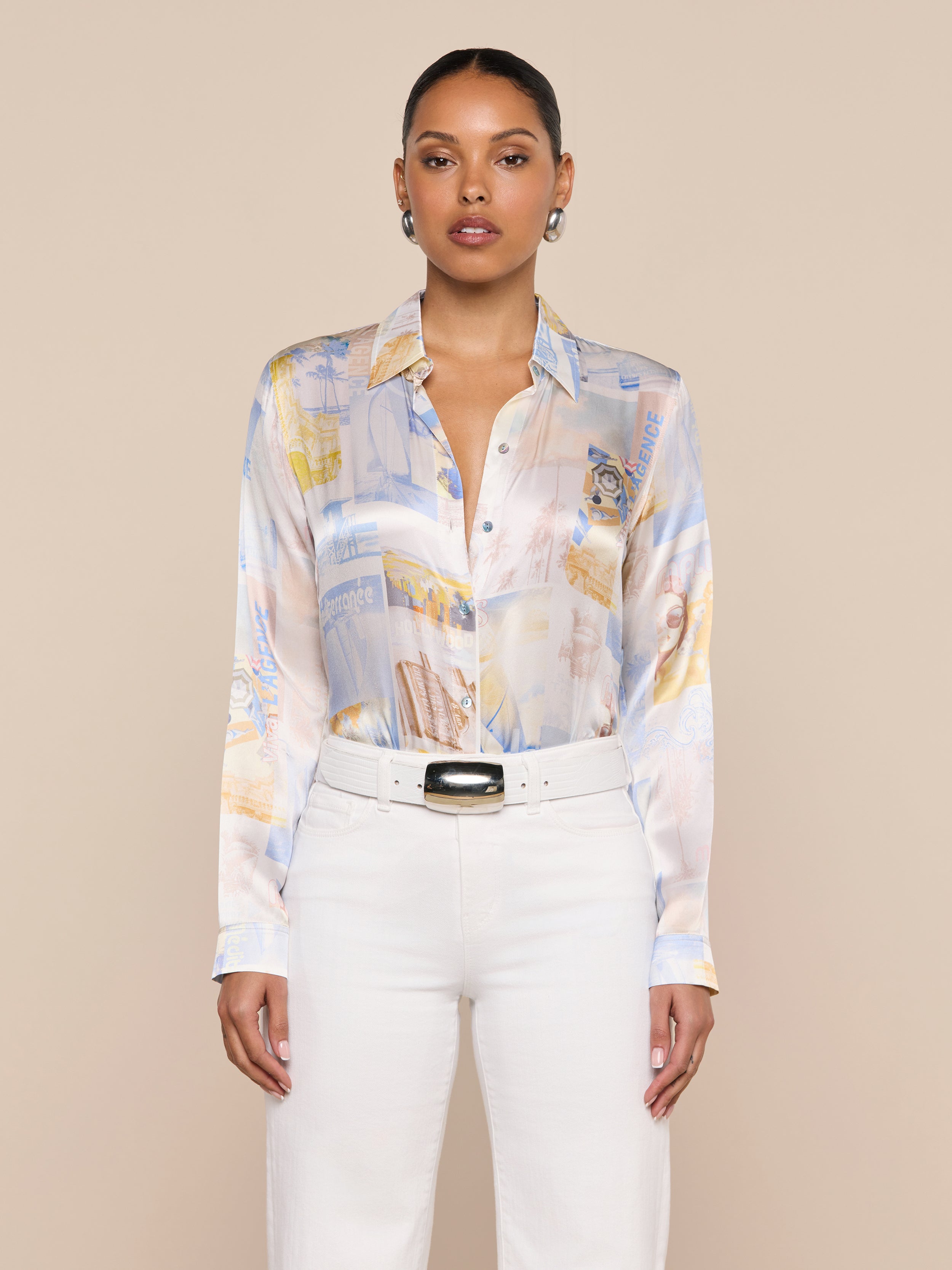 かじまり　ロル　L'Or  Tuck Sleeve Blouse Tyler Silk Blouse in Skyway Multi Malibu Post Card | L'AGENCE
