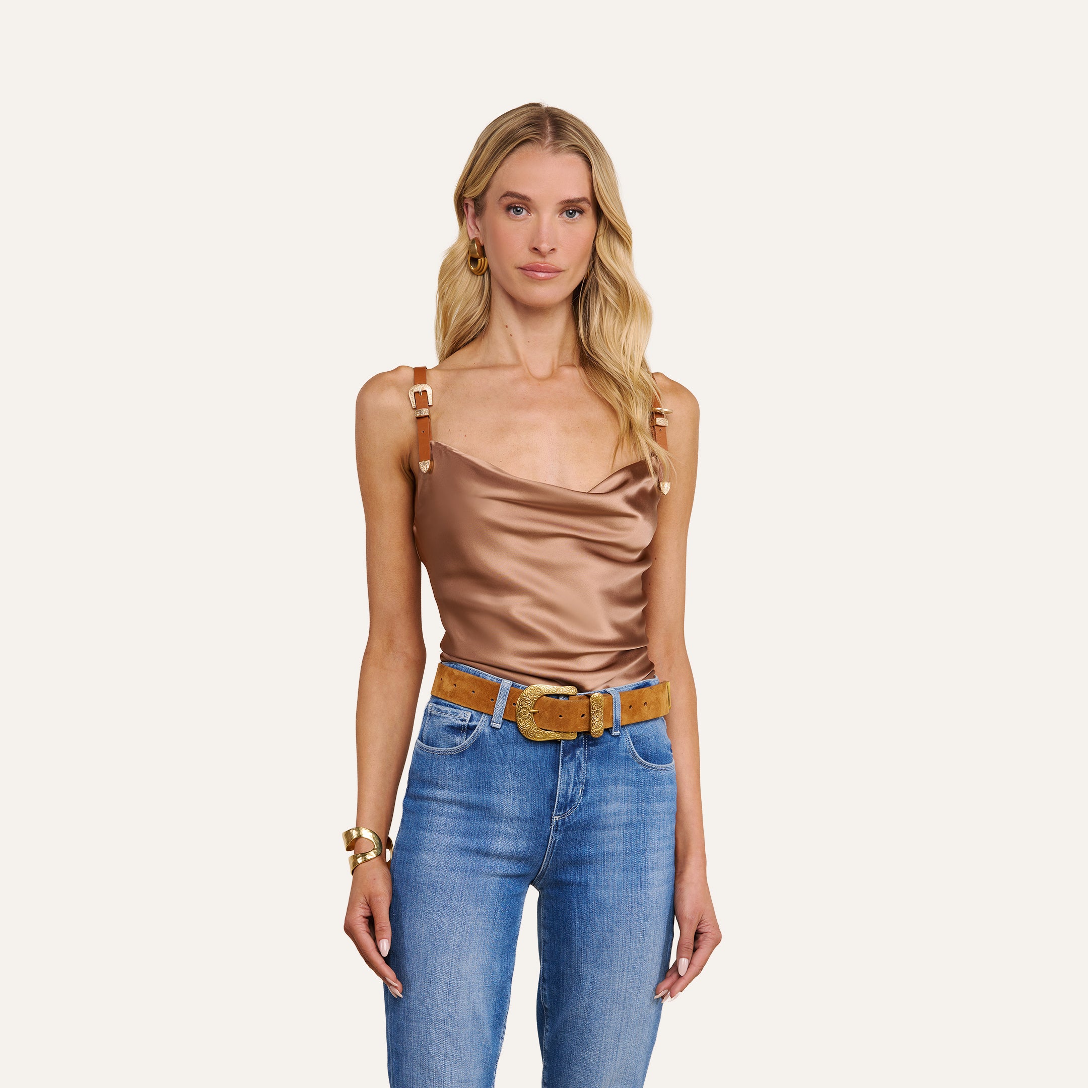 Lux Silk Buckle-Strap Camisole in Hazelnut | L'AGENCE