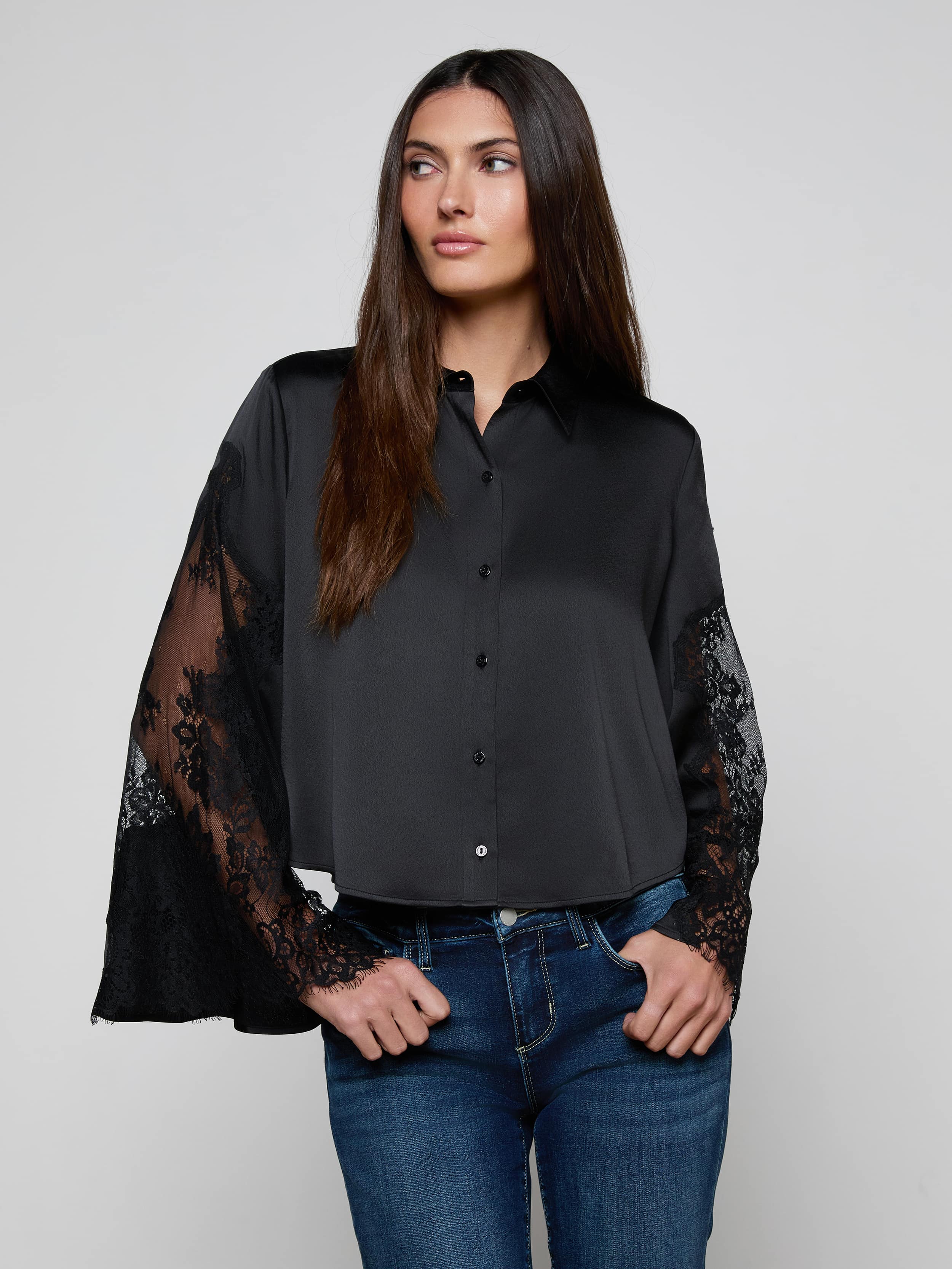 Capri Lace Sleeve Blouse in Black | L'AGENCE Capri Lace Sleeve Blouse in Black | L'AGENCE