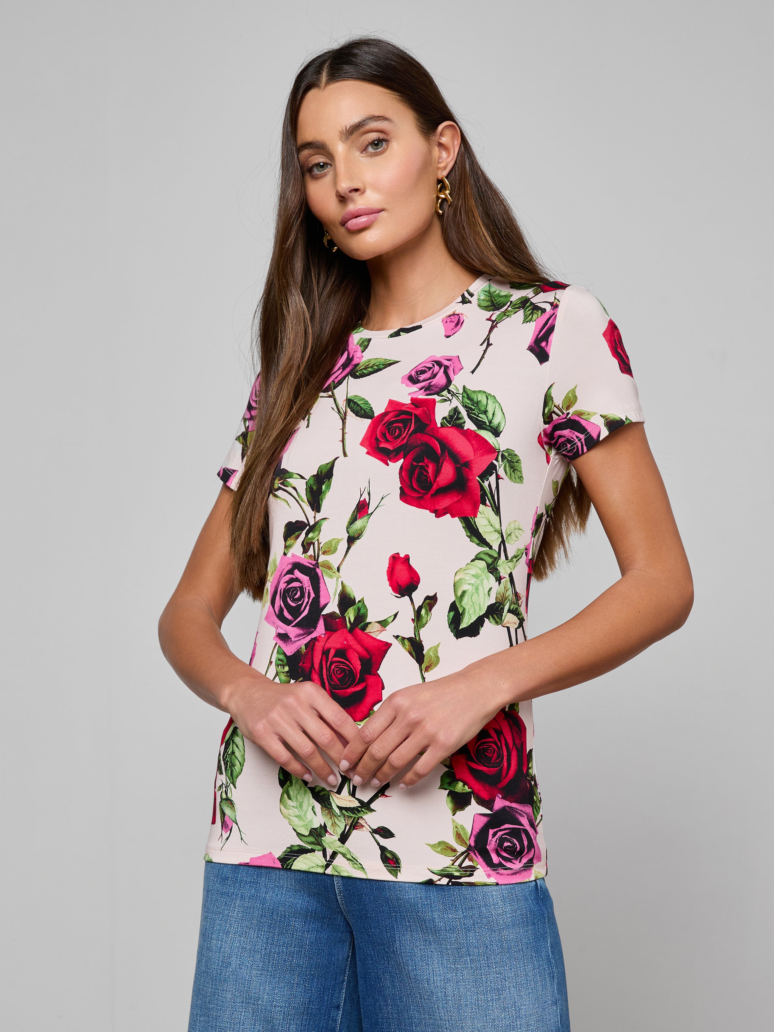 Ressi Fitted Tee in Pink Multi Romantic Rose | L'AGENCE