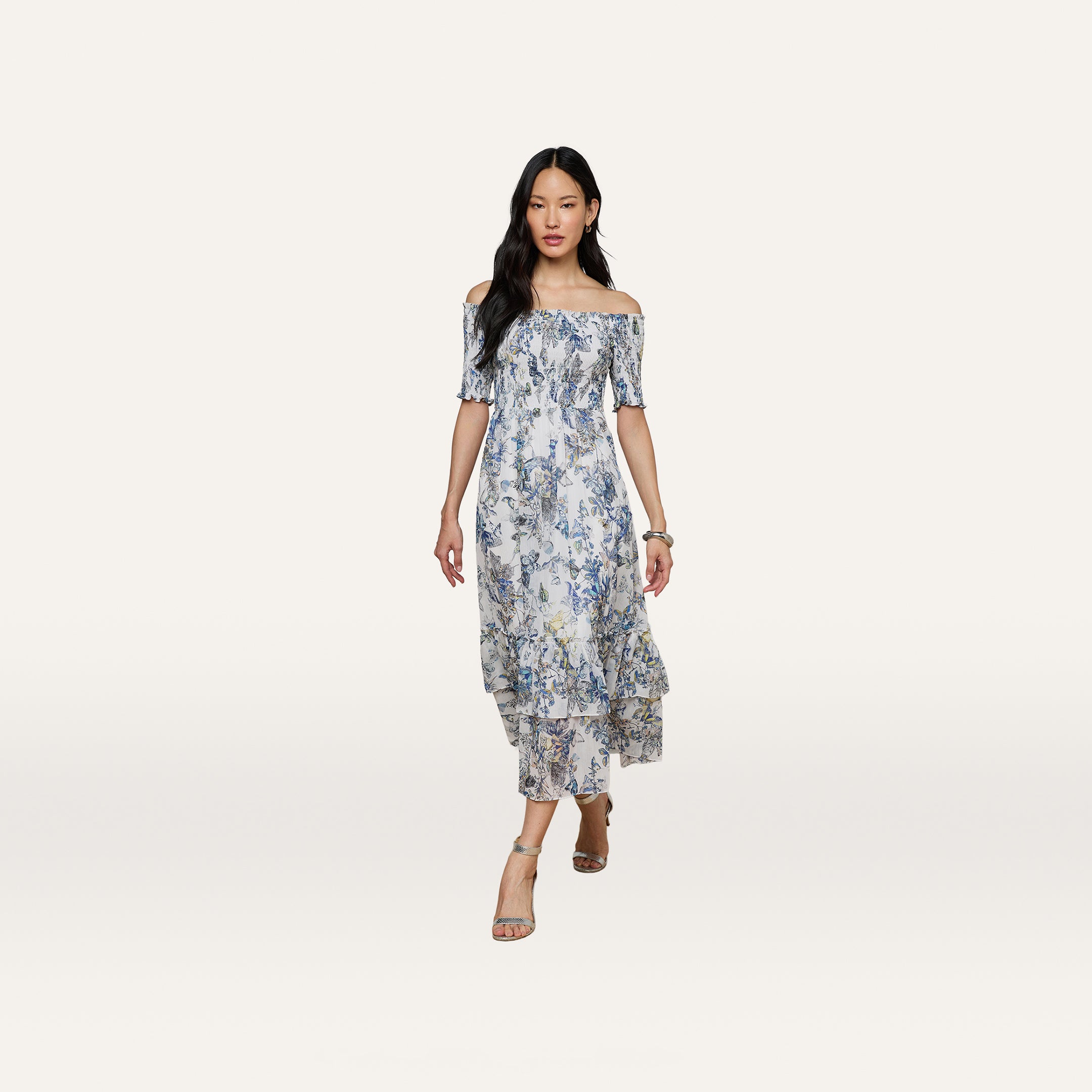off the shoulder midi floral dress L'AGENCE Oriel Off-Shoulder In Grey Multi Watercolor Butterfly Jacquard shoulder neckline sitting flat Can I Wear Black Belt Size:36