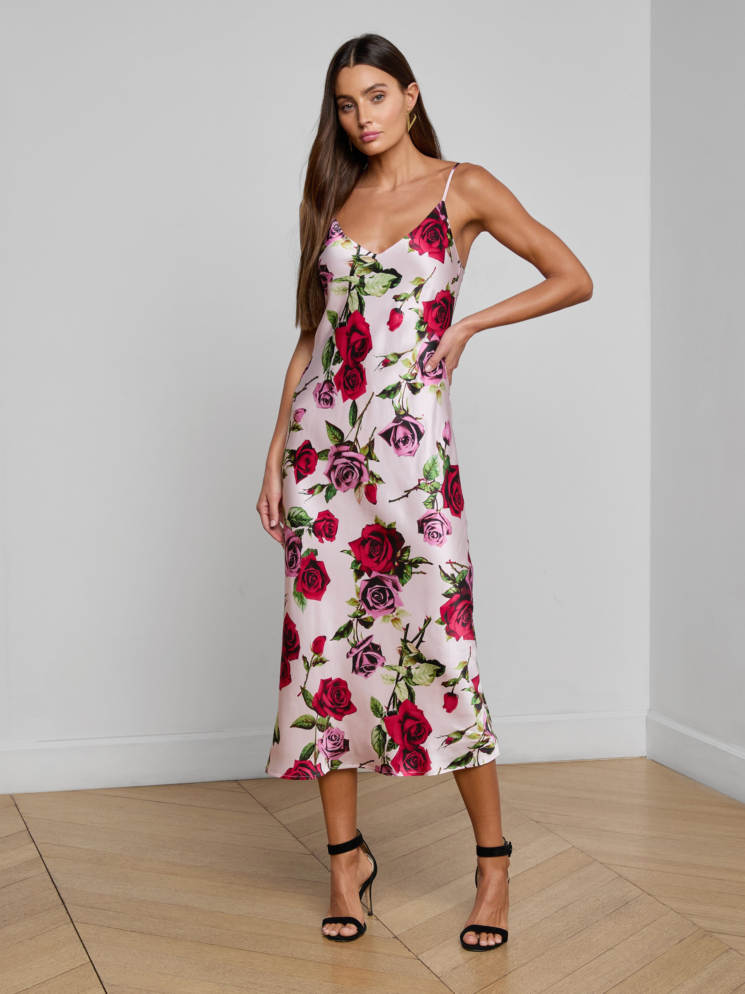 L'AGENCE Seridie Silk Slip Dress In Pink Multi Romantic Rose