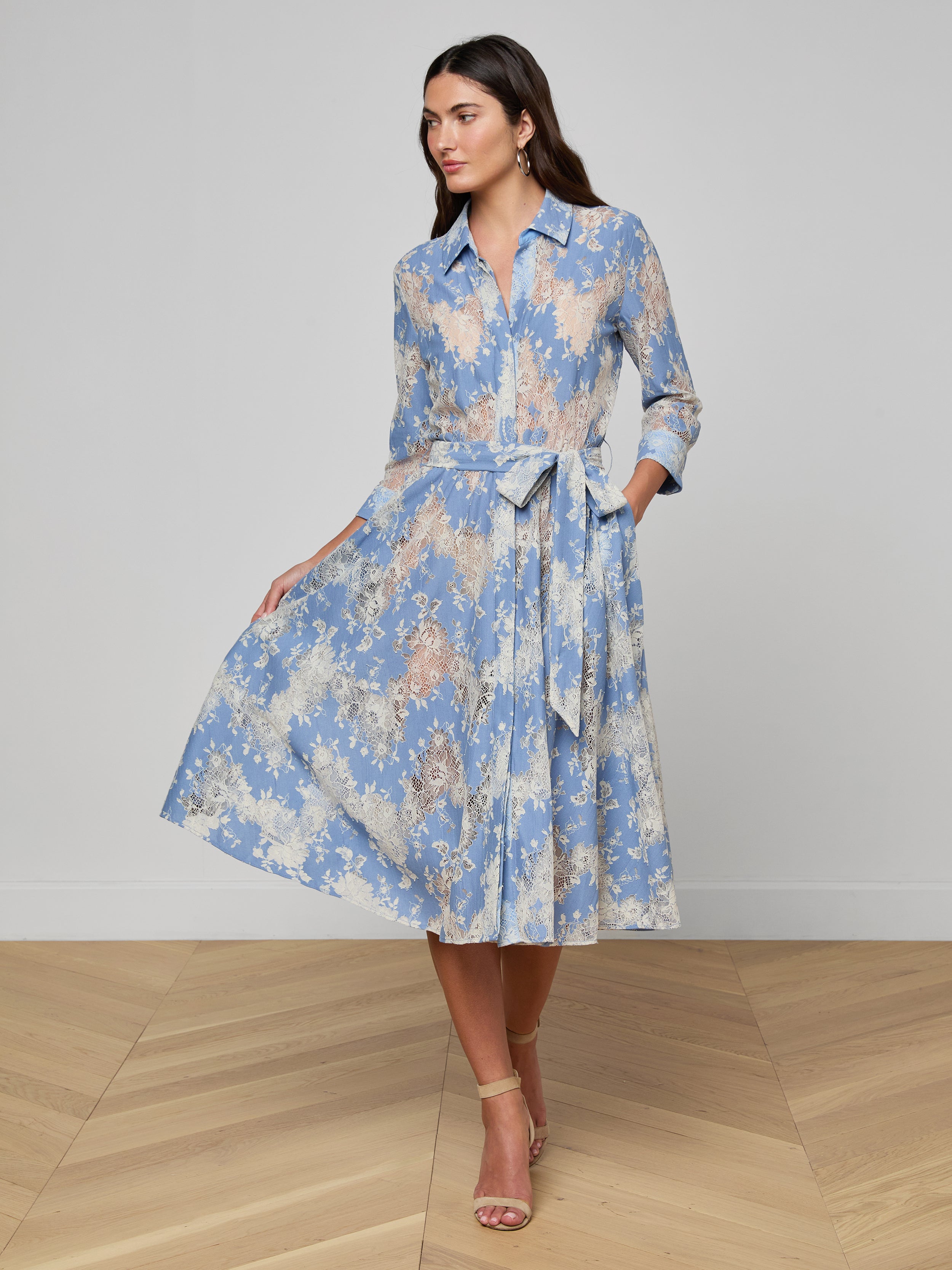 L'AGENCE Ralphie Lace Midi Dress In Allure Blue/Ivory