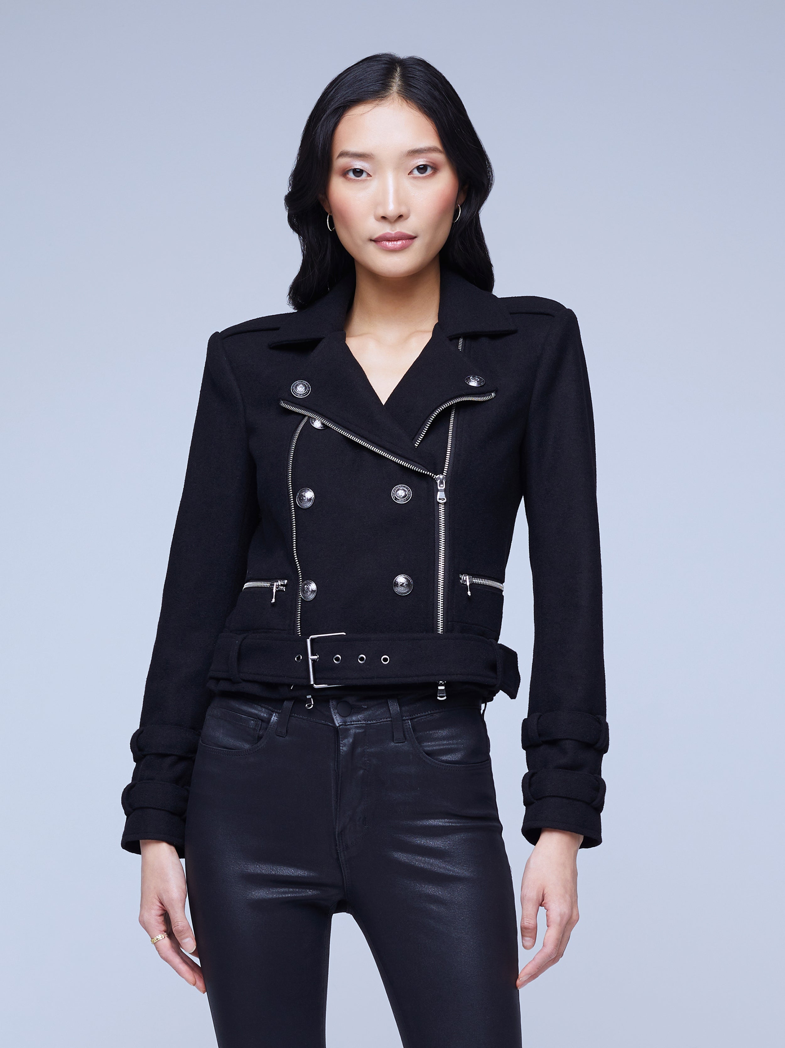 L'agence Baldwin Leather Jacket in White/Black Snake