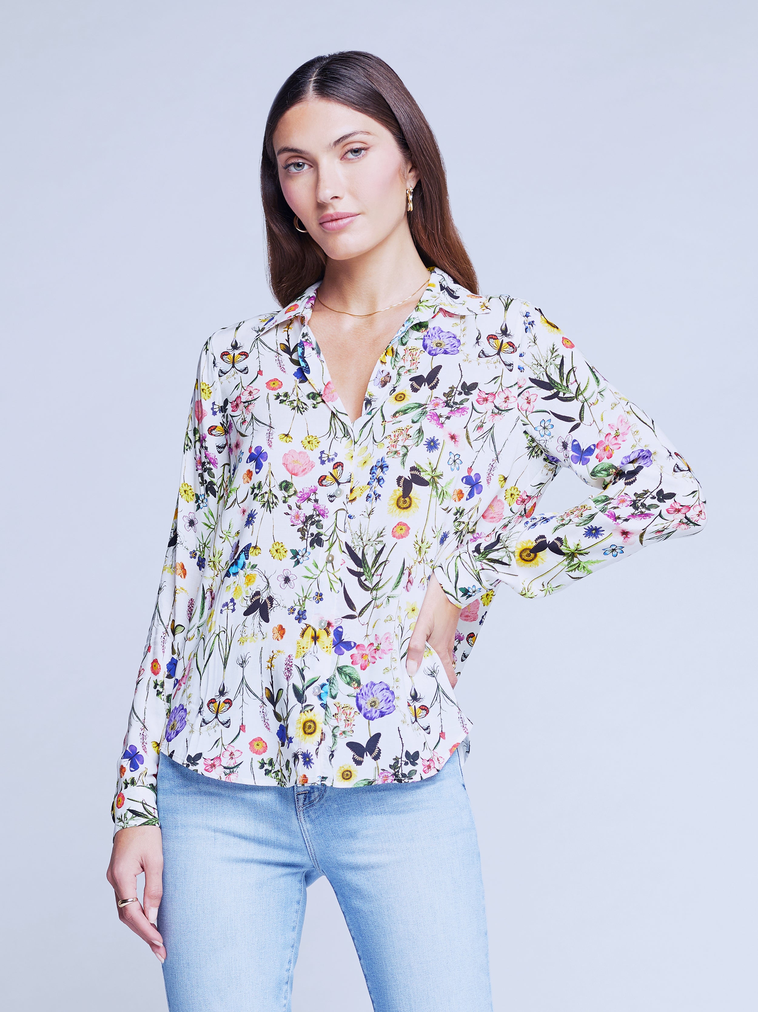 L'AGENCE Holly Blouse in White Multi Butterfly Botanical