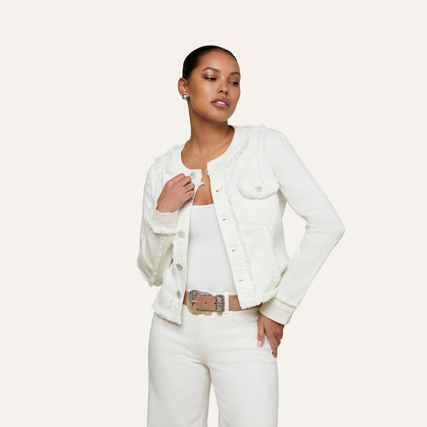 Yarin Collarless Fray Jacket in Light Ecru | L'AGENCE