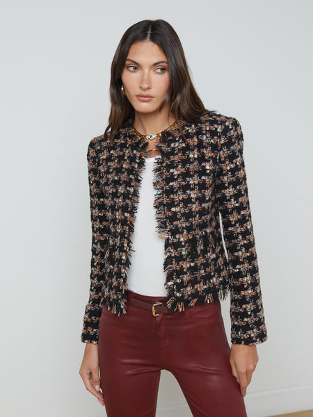 L'AGENCE - Angelina Fringe Trim Tweed Jacket in Black Multi