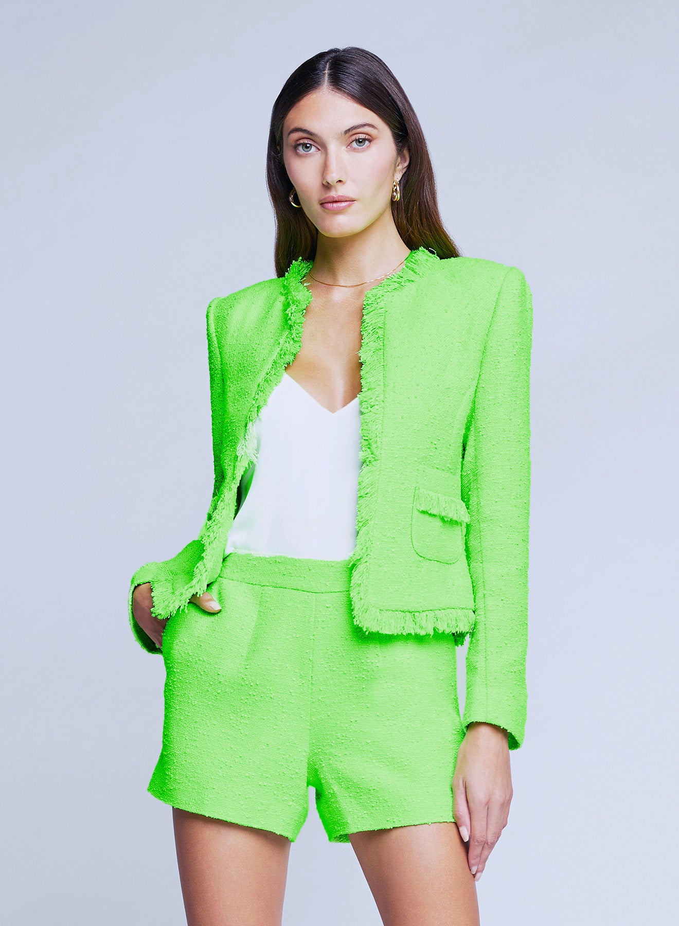 L'AGENCE Angelina Tweed Blazer in Lime Green