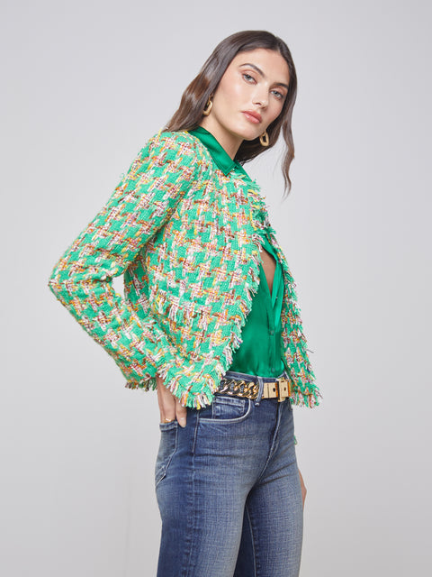 L'AGENCE Angelina Tweed Jacket in Green Multi Houndstooth Tweed