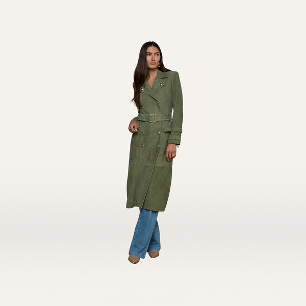 Celina Suede Trench Coat in Clover | L'AGENCE