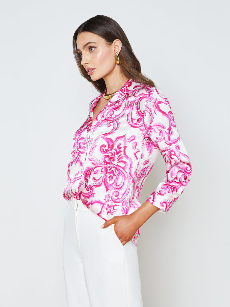 L'AGENCE - Dani 3/4 Sleeve Silk Blouse in White/Pink Mediterranean Tile