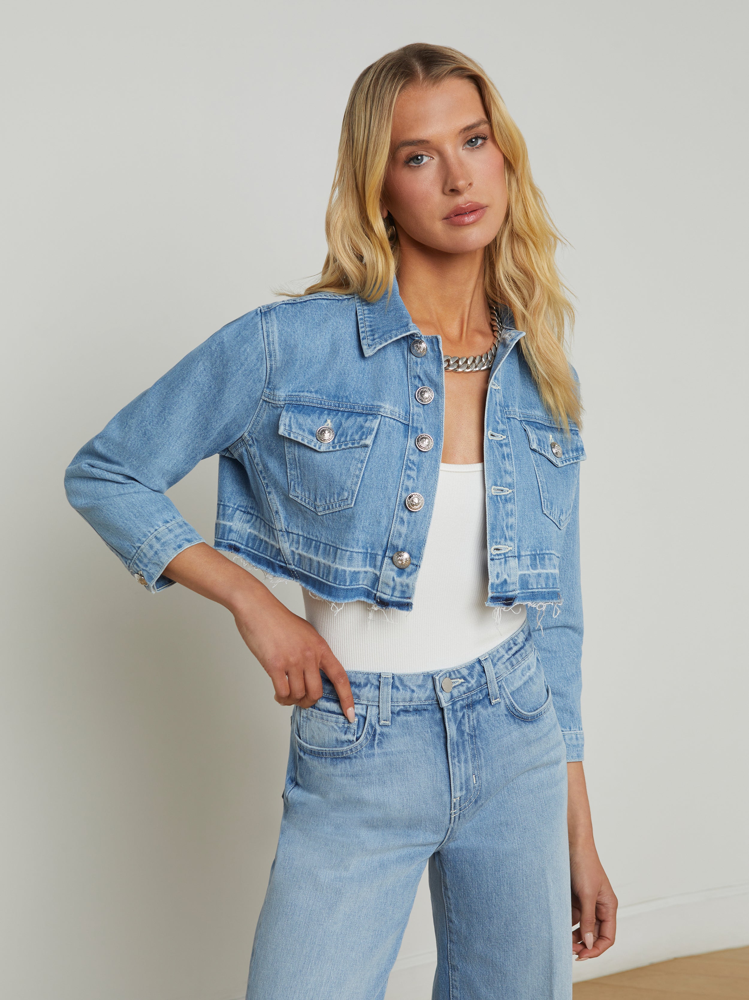 Genevie Cropped Denim Jacket jacket L'AGENCE