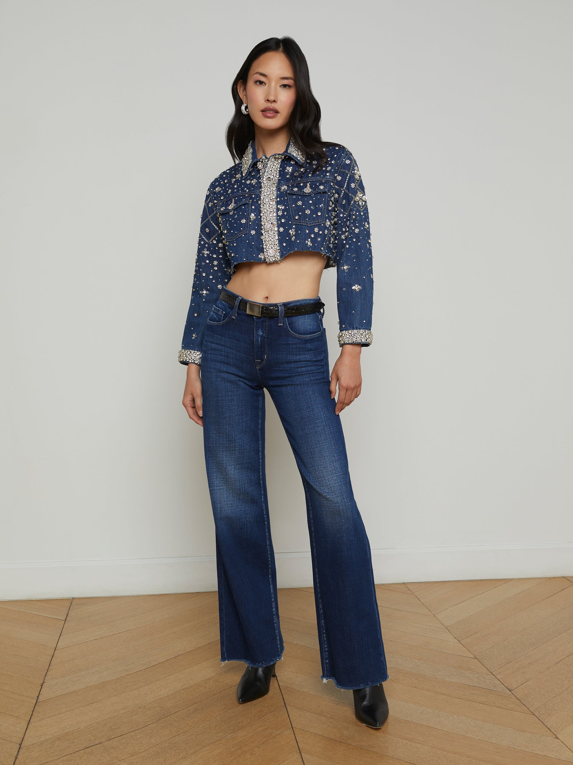 Genevie Embellished Cropped Denim Jacket jacket L'AGENCE Sale