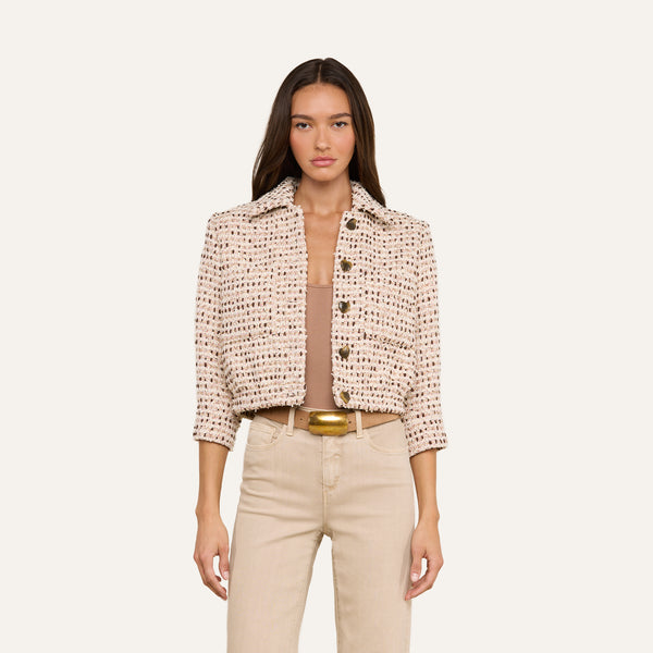 Jia Cropped Tweed Jacket in Ivory/Pink/Dark Brown/Silver Tweed | L