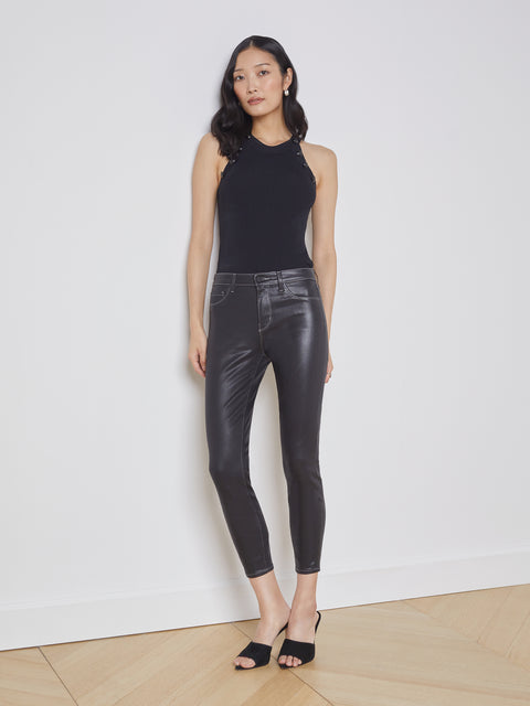 L'AGENCE Margot High Rise Skinny Jean in Noir/Natural Contrast Coated