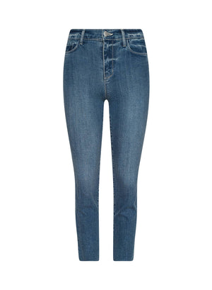 The Sada Cropped Slim-Leg Jean is a pair of blue stretch denim skinny jeans with a button and zip closure, front and back pockets, subtle thigh fading, and a cropped length, shown against a white background.