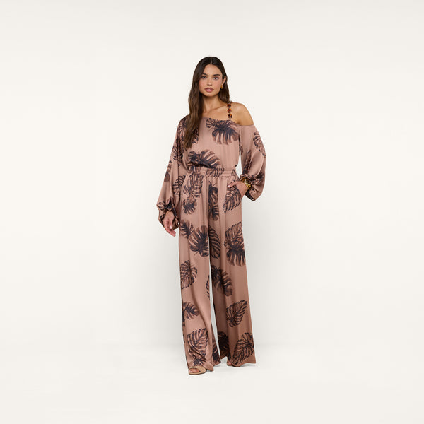 Lillian Satin Pant in Hazelnut Multi Large Palm | L'AGENCE