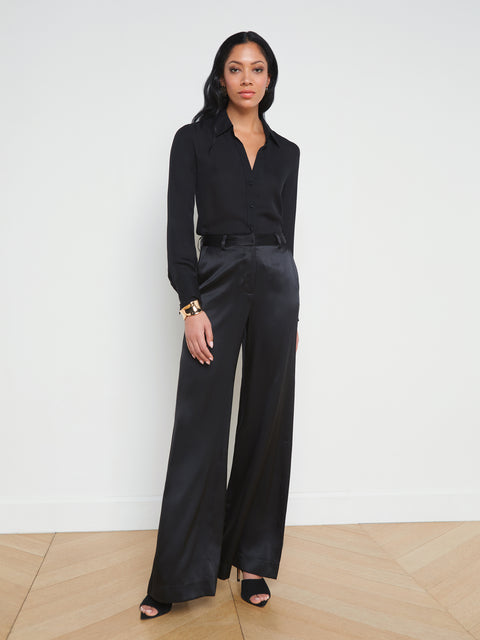 Super High Waisted Satin Pleated Wide Leg Pant