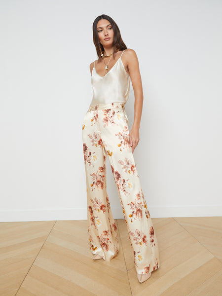 L'AGENCE Pilar Wide-Leg Pant in Buff Multi Tonal Rose Floral