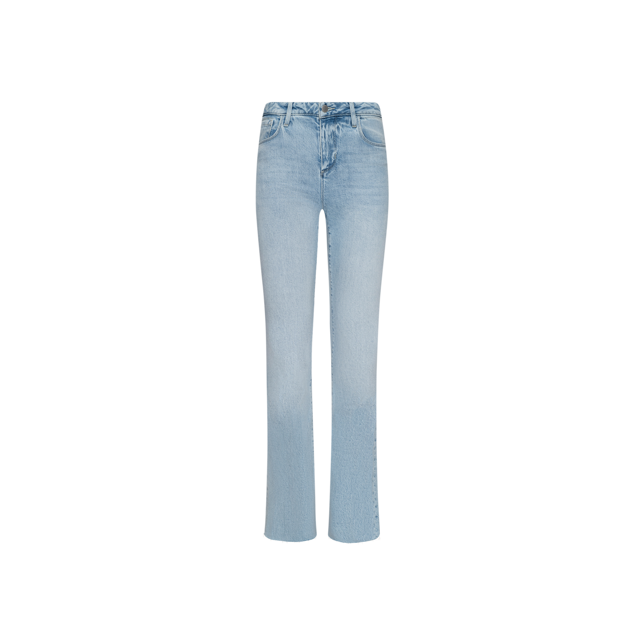 The Ruth Straight-Leg Jean features light blue stretch denim with a high waist, classic five-pocket design, and a subtle flare at the hem. Finished with a raw edge and showcased against a plain white background.