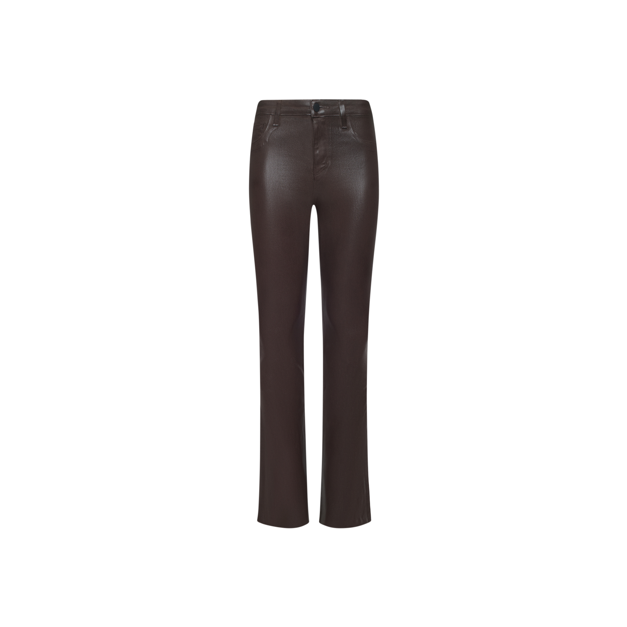 Ruth Coated Straight-Leg Jean featuring a brown coated finish, front button and zipper closure, slim straight-leg silhouette, raw hem, and belt loops, displayed on a plain white background.