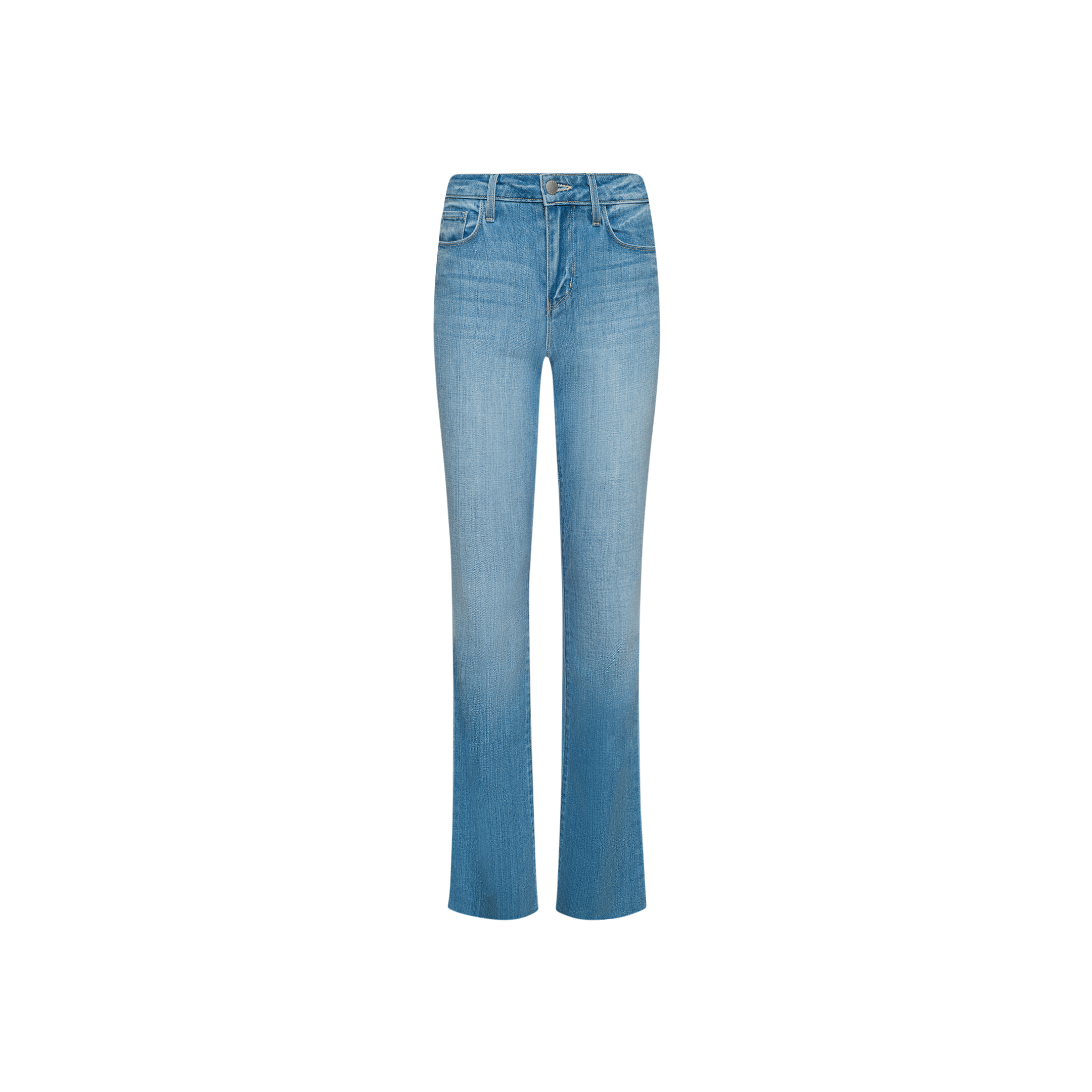 Ruth Straight-Leg Jean in light indigo features a high-waisted fit, classic five-pocket design, light blue wash with subtle front fading, and is displayed on a plain white background.