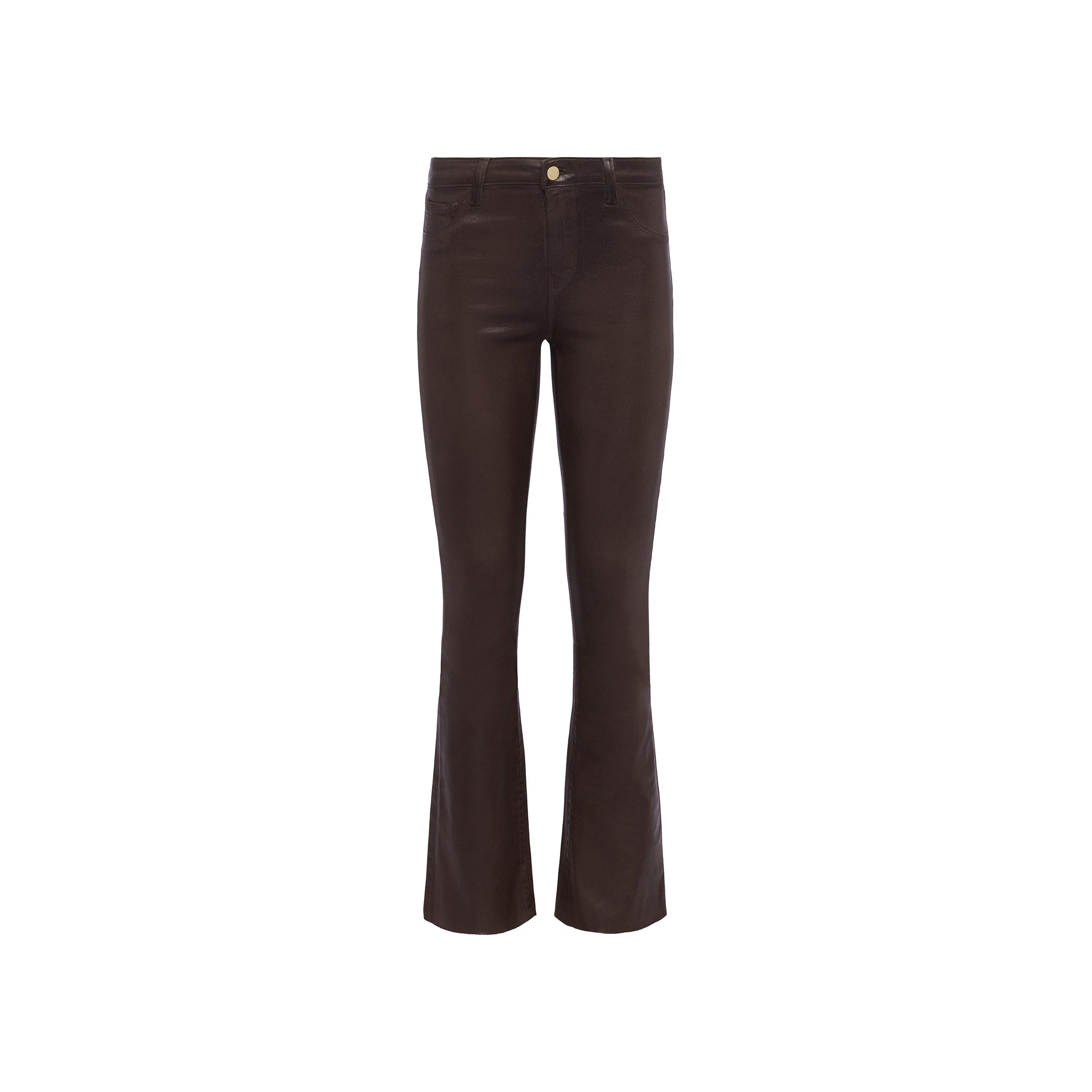 Ruth Coated Straight-Leg Jean in high-rise, straight-leg dark brown coated stretch denim with a smooth finish.