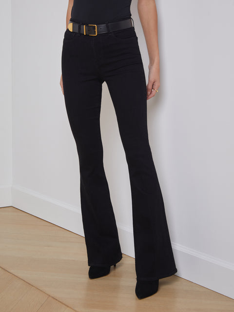Black Flare Leg High Rise Jeans with Gold Exposed Back Zip - James Ascher