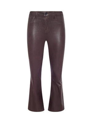 The Kendra Coated Cropped Flare Jean is a brown, high-waisted, leather-look pant with a slight flare, front button and zipper closure, and classic five-pocket design.