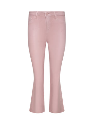 The Kendra Coated Cropped Flare Jean features a light pink, high-waisted fit with belt loops, button and zip closure, two front pockets, a cropped flare silhouette, and a slightly shiny coated denim finish.