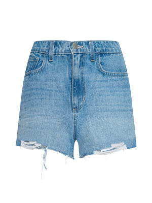 The Clark Distressed Jean Short is a high rise, light wash denim short with a front button and zipper, five pockets, distressed details, and a raw frayed hem.