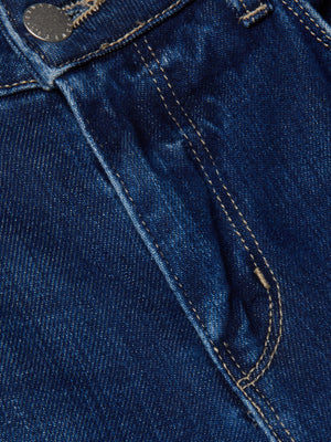 Close-up of L'AGENCE Alicent Wide-Leg Jean in blue stretch denim, featuring a metal button, pocket, golden stitching details, and a high-rise design.