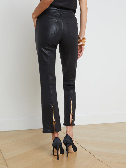 L'AGENCE Ginny Coated Straight-Leg Back Zip Jean in Noir Coated