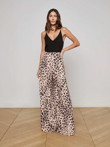Nova Pleated Wide-Leg Pant in Tan Multi Ikat Leopard | L'AGENCE
